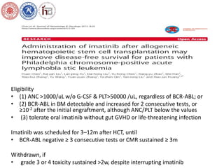 Eligibility 
• (1) ANC >1000/uL w/o G-CSF & PLT>50000 /uL, regardless of BCR-ABL; or 
• (2) BCR-ABL in BM detectable and increased for 2 consecutive tests, or 
≥10-2 after the initial engraftment, although ANC/PLT below the values 
• (3) tolerate oral imatinib without gut GVHD or life-threatening infection 
Imatinib was scheduled for 3–12m after HCT, until 
• BCR-ABL negative ≥ 3 consecutive tests or CMR sustained ≥ 3m 
Withdrawn, if 
• grade 3 or 4 toxicity sustained >2w, despite interrupting imatinib 
 
