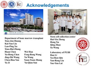 Acknowledgements 
Stem cell collection center 
Hai-Yin Zheng 
Hong Xu 
Qing Zhao 
Su Wang 
Department of bone marrow transplant 
Xiao-Jun Huang 
Kai-Yan Liu 
Lan-Ping Xu 
Xiao-Hui Zhang 
Huan Chen Wei Han 
Yu-Hong Chen Feng-Rong Wang 
Jing-Zhi Wang Yu Wang 
Chen-Hua Yan Yuan-Yuan Zhang 
Yu Ji Yu-Qian Sun 
Laboratory of PUIH 
Dan Li 
Ya-Zhen Qin 
Yan-Rong Liu 
Yue-Yun Lai 
 