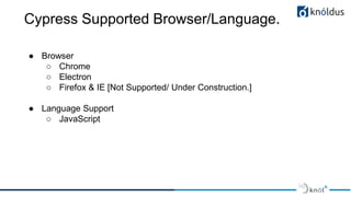 Cypress Supported Browser/Language.
● Browser
○ Chrome
○ Electron
○ Firefox & IE [Not Supported/ Under Construction.]
● Language Support
○ JavaScript
 