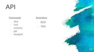 API
13
Commands
- click
- visit
- contains
- get
- viewport
Assertions
- BDD
- TDD
 