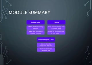 MODULE SUMMARY
Stubs & Spies
Stubs: Replace existing
methods
Spies: Add listeners to
existing methods
Fixtures
Store dummy testing data
in central place
Access via fixture()and use
in your tests
Manipulating the Clock
Use cy.clock()to
manipulate the clock
Then use cy.tick() to
advance time
 