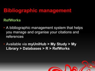Library search tools...Specific databasesMore advanced search functionality than SummonUsually subject specific, e.g. Business Source Complete, Computer Source, PsycINFOUse the library subject guides to find the suggested databases for your subject area. Use the link in myUniHub > My Study > My Library > Databases. 