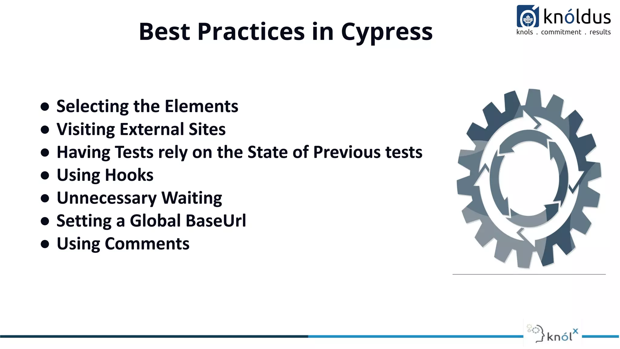 Best Practices in Cypress
● Selecting the Elements
● Visiting External Sites
● Having Tests rely on the State of Previous tests
● Using Hooks
● Unnecessary Waiting
● Setting a Global BaseUrl
● Using Comments
 