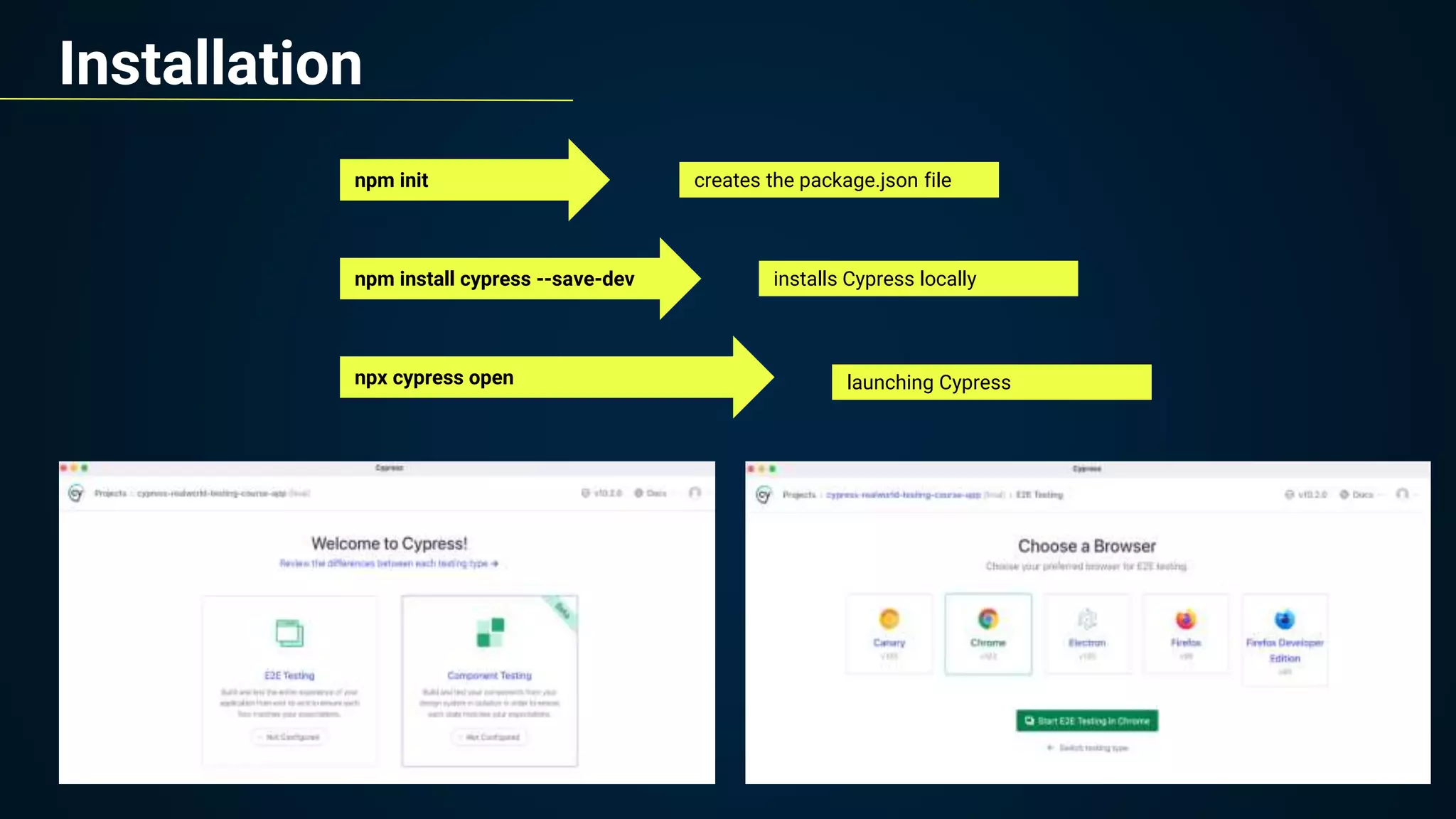Installation
npm init
npm install cypress --save-dev
npx cypress open
creates the package.json file
installs Cypress locally
launching Cypress
 