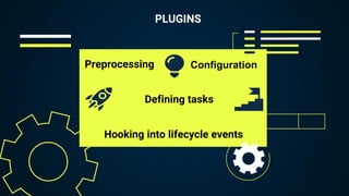 PLUGINS
Configuration
Preprocessing
Hooking into lifecycle events
Defining tasks
 
