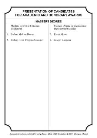 PRESENTATION OF CANDIDATES
FOR ACADEMIC AND HONORARY AWARDS
MASTERS DEGREE
Masters Degree in Christian
Leadership
1. Bishop Maliate Dzuwa
2. Bishop Helix Chigona Malunje
Masters Degree in International
Development Studies
3. Frank Mussa
4. Joseph Kalipena
Cypress International Institute University (Texas - USA) - 2021 Graduation @ BICC - Lilongwe - Malawi
 