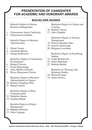 PRESENTATION OF CANDIDATES
FOR ACADEMIC AND HONORARY AWARDS
BACHELORS DEGREE
Bachelor Degree in Human
Resource Management
1. Chimwemwe Annie Chathyoka
2. Chimwemwe Chataika
Bachelor Degree in Business
Administration
3. Elinati Tewete
4. Anastazia Bikoko
5. George Kathewera
Bachelors Degree in Community
Development
6. Bridget Chavuta
7. Evans Mtayamanja
8. Alice Martha Chifumbi
9. Mercy Msanyama Chizule
Bachelors Degree in Business
Administration in Finance
10. Beatrice Pemphero Phiri
11. Manuel Tasosa
Bachelors Degree in Mass
Communication
12. Madalitso Banda
13. Jonathan Banda
Bachelor Degree in Project
Management
14. Mphatso Mtulutsa
15. James Lipenga
Bachelors Degree in Custom and
Clearing
16. Beatrice Tasosa
17. John Chiphale
Bachelors Degree in Tourism
Management
18. Patricia Masikini Saka
19. Symon Chimwendo
20. Benjamin Lusolatha
Bachelors Degree in Psychology
Studies
21. Frank Msandivute
22. James Bottoman
23. Ibrahim Baulen
Bachelors of Theology and
Religious Studies
24. Maxwell Gama
25. James Chirwa
Cypress International Institute University (Texas - USA) - 2021 Graduation @ BICC - Lilongwe - Malawi
 