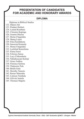 PRESENTATION OF CANDIDATES
FOR ACADEMIC AND HONORARY AWARDS
DIPLOMA
Diploma in Biblical Studies
122. Dakesi Jali
123. Pindani Herbert
124. Lenard Kumbani
125. Chisomo Kapinga
126. Josamu Masina
127. Homa Chaguluka
128. Shang Lojasi
129. Eliza Kandakena
130. Innocent Kennedy
131. Homa Chaguluka
132. Leckford Kamchima
133. Elena Enosi
134. Felesiya Sanza
135. Lucy Chikombola
136. Ndindiyayani Kulinji
137. Grace Andrea
138. Florence Kalima
139. Thokozire Pole
140. Belifa Gulo
141. Dorothy Tanazio
142. Roster Matemba
143. Limison Tumbala
144. Gilivini Jontala
145. Thomasi Mapeto
Cypress International Institute University (Texas - USA) - 2021 Graduation @ BICC - Lilongwe - Malawi
 
