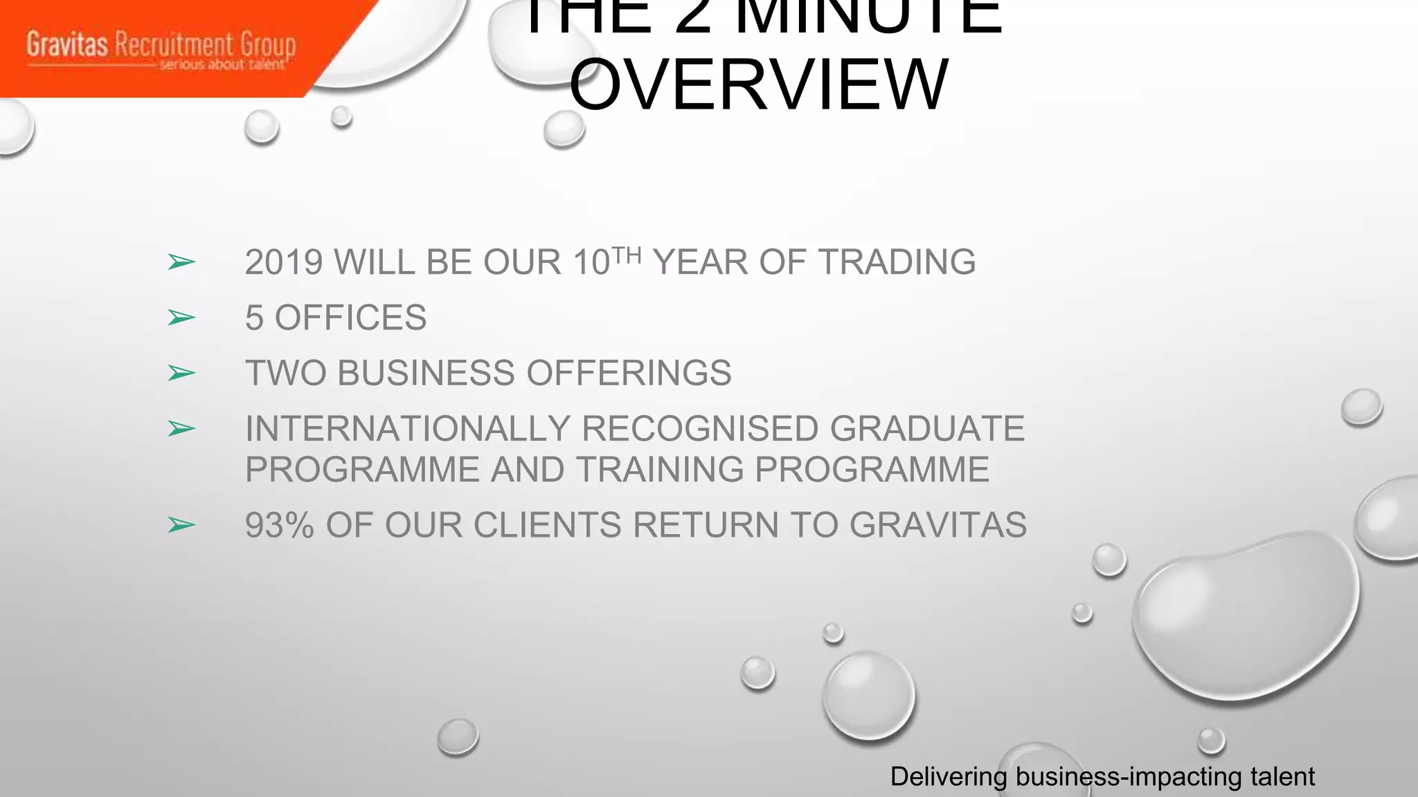 Delivering business-impacting talent
THE 2 MINUTE
OVERVIEW
➢ 2019 WILL BE OUR 10TH YEAR OF TRADING
➢ 5 OFFICES
➢ TWO BUSINESS OFFERINGS
➢ INTERNATIONALLY RECOGNISED GRADUATE
PROGRAMME AND TRAINING PROGRAMME
➢ 93% OF OUR CLIENTS RETURN TO GRAVITAS