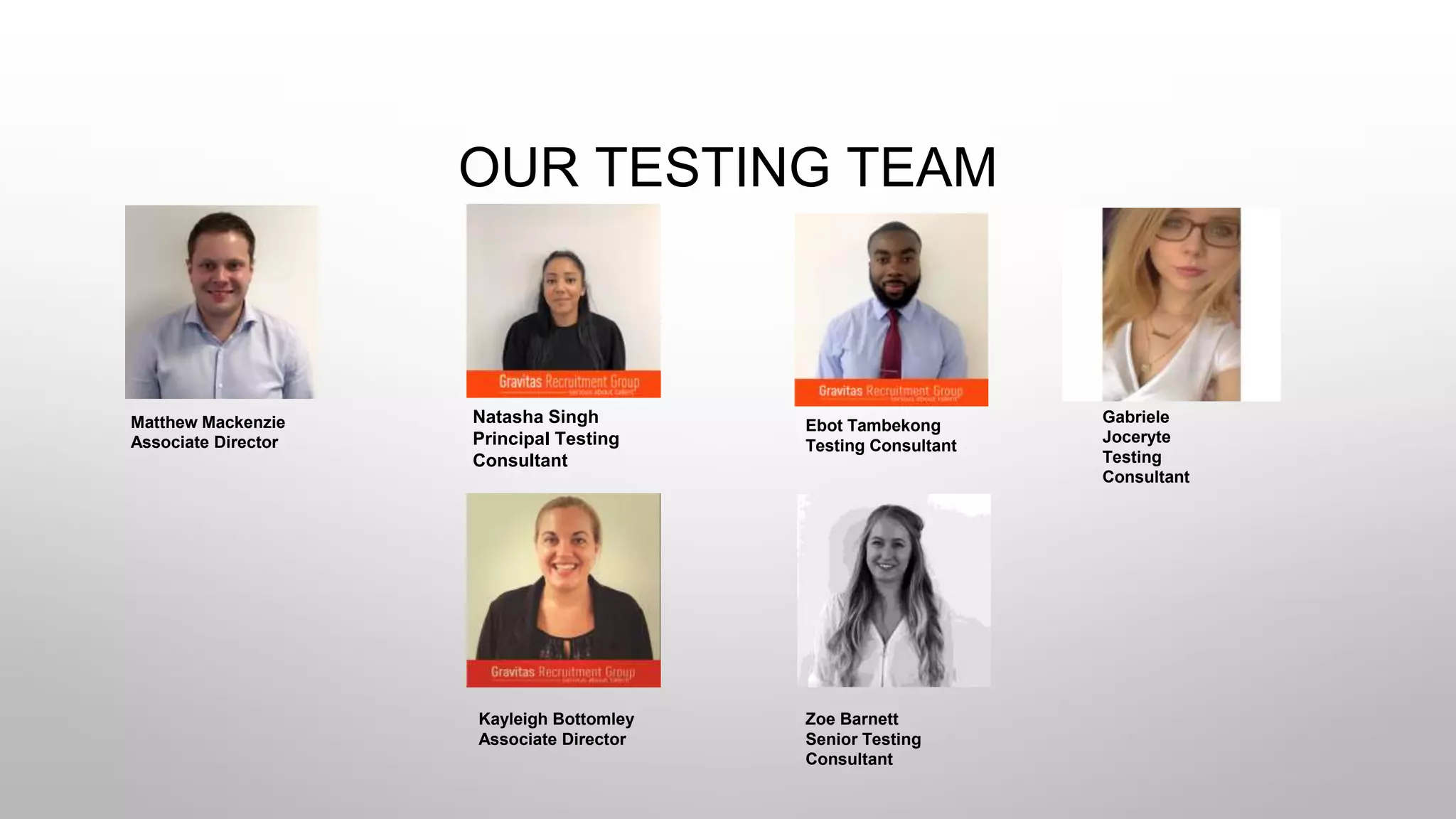 OUR TESTING TEAM
Matthew Mackenzie
Associate Director
Gabriele
Joceryte
Testing
Consultant
Kayleigh Bottomley
Associate Director
Zoe Barnett
Senior Testing
Consultant
Natasha Singh
Principal Testing
Consultant
Ebot Tambekong
Testing Consultant