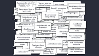 Having sane
configuration
It must be
easy to use
Easy to write
Easy to read
Easy to maintain
Visibility into why
something failed
Animation testing
Wasted time spent
debugging false
negatives
..slow to run and
often … fragile
Speed of
test execution
…errors using
Selenium are useless
…more insight into
failing tests
Running fast and
reliably
…having to go
through a pain
of setup
Frictionless test setup
…taking a long time
to develop and
difficult to maintain
Testing responsive
designs
See what broke
visually Can be quickly
debugged
Understand why test
failed
Being easy
to setup
Making it easy
Making it "fun" to
write tests
Cross-Browser
testing
Tooling that is easy
to use
Support for
async testing
Flake
Tooling that
is fast
Tooling that
actually works
Intermittent test
failures
Speed, flakiness
Time spent
debugging false
negatives
Testing across
browsers is painful
A solution that
is friendly to
frontend Devs
Less brittle
to changes
Legible syntax
Faster test-
development
feedback loop
Simpler to write
No endless setup
hassle
Testing browser
JS-heavy apps
Asynchronous
interaction
More insight into
failing tests
…very clunky
… and cryptic
Deals with async in a
non-flakey way
Testing frameworks
aren't great
Better information
for new testers
…complexity and
difficulty
Fixing failing tests
and regressions
Making testing more
enjoyable
Debugging failing
tests have left me
frustrated
Abandonment of
automated tests
…takes a bit of time
to setup
Step through the
error and inspect
what is happening
Elegantly dealing
with delays
Config
…causes them to
abandon testing…
Learning curve
Usable cross browser
testing
Test my apps on
multiple browsers
Managing a bunch of
fiddly testing tools
…hard time getting
started
Simplify integration
testing
Highlight and help
understand what
should be tested
Testing without
selenium
CSS rendering
testing
Cross-browser
compatibility
Automatically retest
the code you’re
working on
Reducing the pain
Encourage Devs to
actually write more
tests
…tests have left me
frustrated
…intimidates users
Slow iterations on
test code
Visually step through
the test runs
Takes lots of time to
get it right
Sane test-running
environment
Less hassle
to set up
 