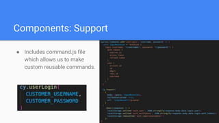 Components: Support
● Includes command.js file
which allows us to make
custom reusable commands.
 