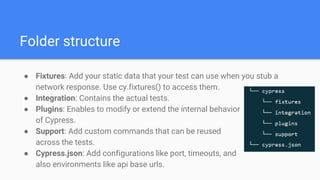 ● Fixtures: Add your static data that your test can use when you stub a
network response. Use cy.fixtures() to access them.
● Integration: Contains the actual tests.
● Plugins: Enables to modify or extend the internal behavior
of Cypress.
● Support: Add custom commands that can be reused
across the tests.
● Cypress.json: Add configurations like port, timeouts, and
also environments like api base urls.
Folder structure
 