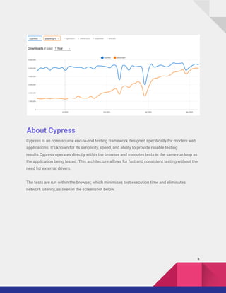 About Cypress
Cypress is an open-source end-to-end testing framework designed specifically for modern web
applications. It’s known for its simplicity, speed, and ability to provide reliable testing
results.Cypress operates directly within the browser and executes tests in the same run loop as
the application being tested. This architecture allows for fast and consistent testing without the
need for external drivers.
The tests are run within the browser, which minimises test execution time and eliminates
network latency, as seen in the screenshot below.
3
 