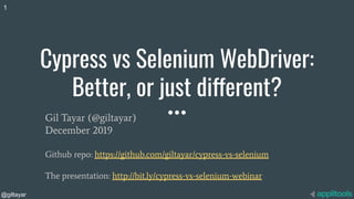 @giltayar
Cypress vs Selenium WebDriver:
Better, or just different?
Gil Tayar (@giltayar)
December 2019
Github repo: https://github.com/giltayar/cypress-vs-selenium
The presentation: http://bit.ly/cypress-vs-selenium-webinar
1
 