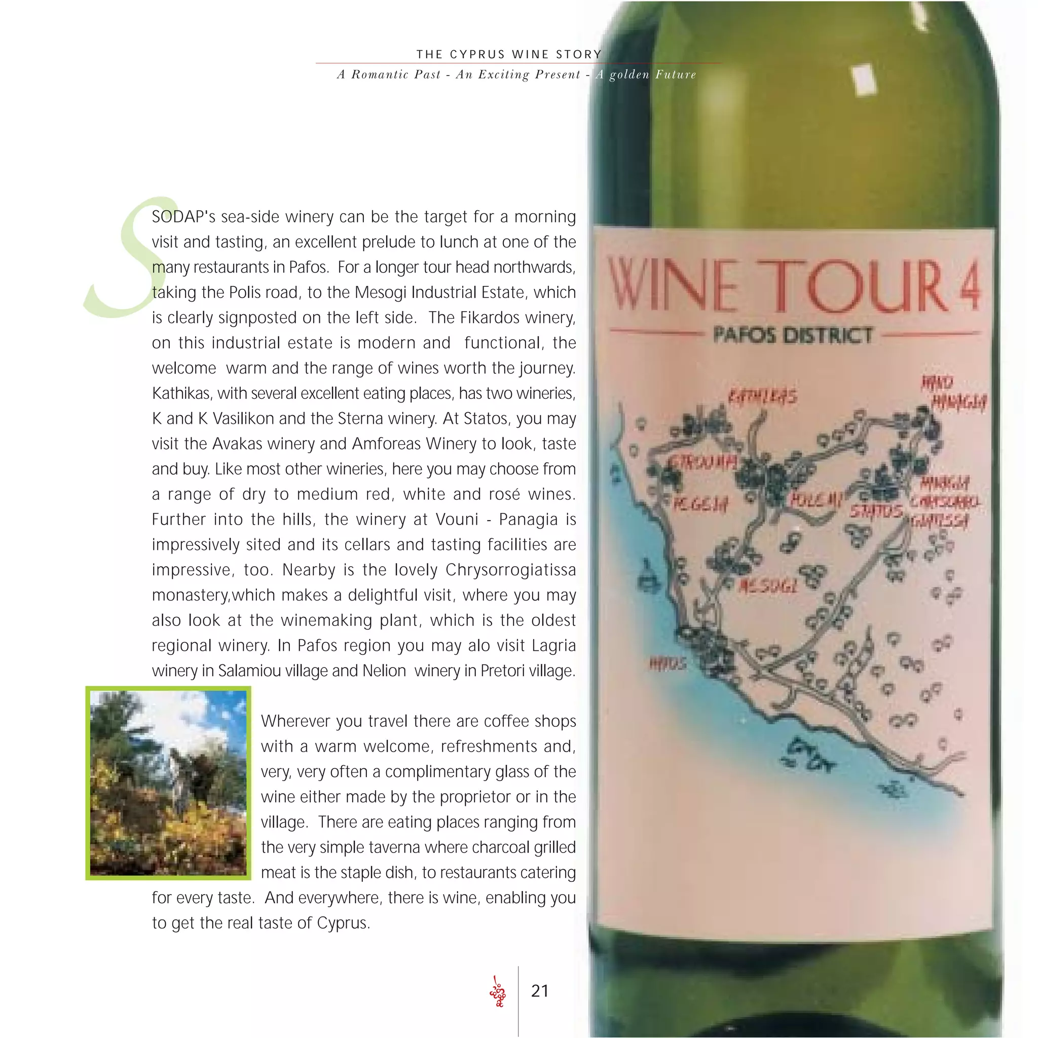 THE CYPRUS WINE STORY
                            A R o m a n t i c P a s t - A n E xc i t i n g P r es e nt - A go lde n F uture




S
SODAP's sea-side winery can be the target for a morning
visit and tasting, an excellent prelude to lunch at one of the
many restaurants in Pafos. For a longer tour head northwards,
taking the Polis road, to the Mesogi Industrial Estate, which
is clearly signposted on the left side. The Fikardos winery,
on this industrial estate is modern and functional, the
welcome warm and the range of wines worth the journey.
Kathikas, with several excellent eating places, has two wineries,
K and K Vasilikon and the Sterna winery. At Statos, you may
visit the Avakas winery and Amforeas Winery to look, taste
and buy. Like most other wineries, here you may choose from
a range of dry to medium red, white and rosé wines.
Further into the hills, the winery at Vouni - Panagia is
impressively sited and its cellars and tasting facilities are
impressive, too. Nearby is the lovely Chrysorrogiatissa
monastery,which makes a delightful visit, where you may
also look at the winemaking plant, which is the oldest
regional winery. In Pafos region you may alo visit Lagria
winery in Salamiou village and Nelion winery in Pretori village.


                Wherever you travel there are coffee shops
                with a warm welcome, refreshments and,
                very, very often a complimentary glass of the
                 wine either made by the proprietor or in the
                 village. There are eating places ranging from
                 the very simple taverna where charcoal grilled
                 meat is the staple dish, to restaurants catering
for every taste. And everywhere, there is wine, enabling you
to get the real taste of Cyprus.



                                                                      21
 