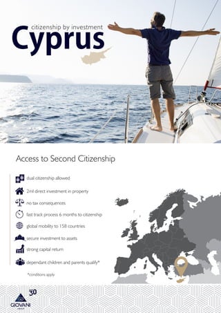 Cyprus
citizenship by investment
Access to Second Citizenship
dual citizenship allowed
2ml direct investment in property
no tax consequences
fast track process 6 months to citizenship
global mobility to 158 countries
secure investment to assets
strong capital return
dependant children and parents qualify*
*conditions apply
 