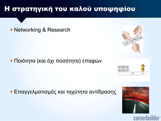 Η στρατηγική του καλού υποψηφίουNetworking & ResearchΠοιότητα (και όχι ποσότητα) επαφώνΕπαγγελματισμός και ταχύτητα αντίδρασης