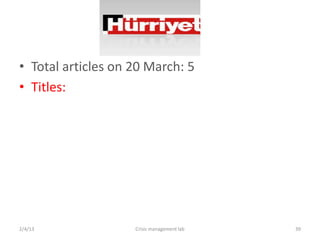 ? Total articles on 20 March: 5
? Titles:




2/4/13              Crisis management lab   39
 