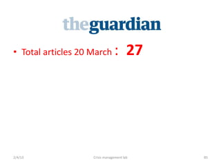 ? Total articles 20 March       : 27




2/4/13              Crisis management lab   85
 