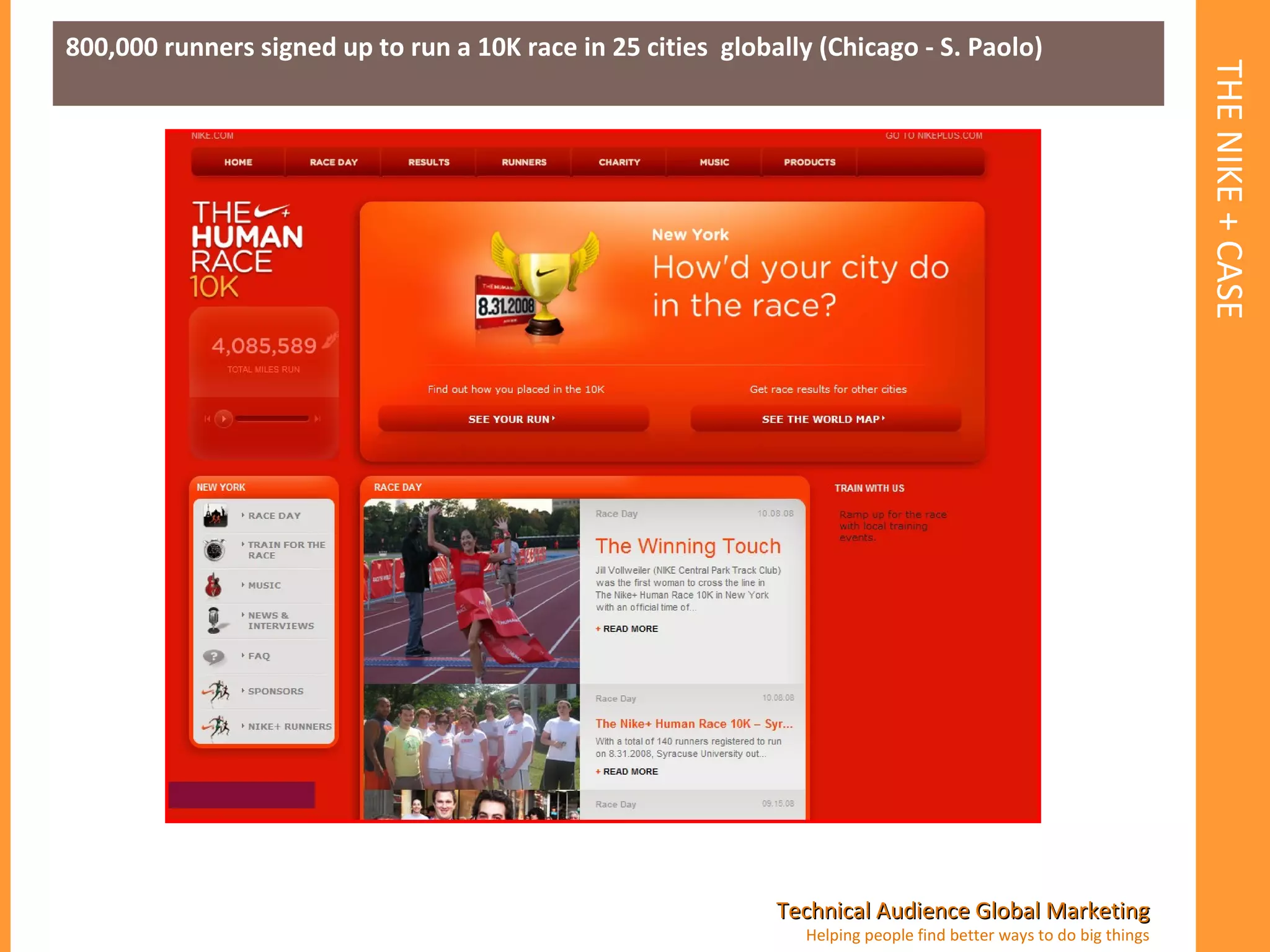 THE NIKE + CASE 800,000 runners signed up to run a 10K race in 25 cities  globally (Chicago - S. Paolo) 
