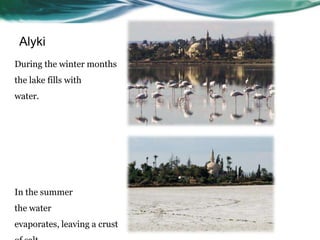 Alyki
During the winter months
the lake fills with
water.




In the summer
the water
evaporates, leaving a crust
 