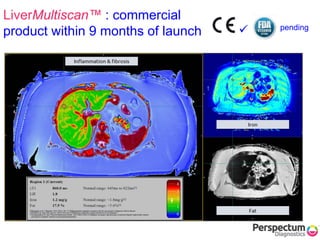 LiverMultiscan™ : commercial
product within 9 months of launch
Inflammation & fibrosis
(T1)
Fat
Iron (T2*)
 pending
 