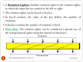  2. Rotation Cipher- Another common cipher is the rotation cipher,





18

in which the input bits are rotated to the left or right.
The rotation cipher can be keyed or keyless.
In keyed rotation, the value of the key defines the number of
rotations;
In keyless rotation the number of rotations is fixed.
Note that- The rotation cipher can be considered a special case of
the transpositional cipher using bits instead of characters.

ER.ANUPAM KUMAR,A.I.T.M.,U.P

10/12/2013

 