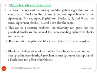  Characteristics of this mode:

1. Because the key and the encryption/decryption algorithm are the
same, equal blocks in the plaintext become equal blocks in the
ciphertext. For example, if plaintext blocks 1, 5, and 9 are the
same, ciphertext blocks I, 5, and 9 are also the same.
 This can be a security problem; the adversary can guess that the
plaintext blocks are the same if the corresponding ciphertext blocks
are the same.
2. If we reorder the plaintext block, the ciphertext is also reordered.
3. Blocks are independent of each other. Each block is encrypted or
decrypted independently. A problem in encryption or decryption of
a block does not affect other blocks.
29

ER.ANUPAM KUMAR,A.I.T.M.,U.P

10/12/2013

 