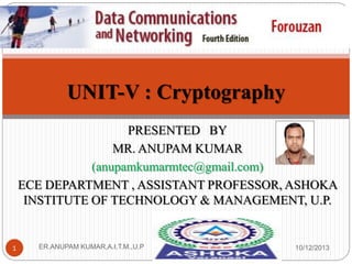 UNIT-V : Cryptography
PRESENTED BY
MR. ANUPAM KUMAR
(anupamkumarmtec@gmail.com)
ECE DEPARTMENT , ASSISTANT PROFESSOR, ASHOKA
INSTITUTE OF TECHNOLOGY & MANAGEMENT, U.P.

1

ER.ANUPAM KUMAR,A.I.T.M.,U.P

10/12/2013

 