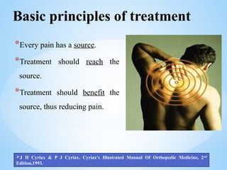 Basic principles of treatment
*Every pain has a source.
*Treatment should reach the
source.
*Treatment should benefit the
source, thus reducing pain.
J H Cyriax & P J Cyriax. Cyriax's Illustrated Manual Of Orthopedic Medicine, 2nd
Edition,1993.
 