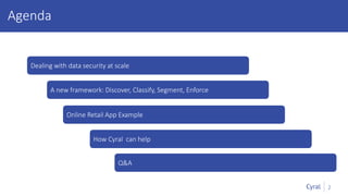 2
Agenda
Dealing with data security at scale
A new framework: Discover, Classify, Segment, Enforce
How Cyral can help
Q&A
Online Retail App Example
 