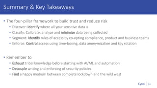 • The four-pillar framework to build trust and reduce risk
• Discover: Identify where all your sensitive data is
• Classify: Calibrate, analyze and minimize data being collected
• Segment: Identify rules of access by co-opting compliance, product and business teams
• Enforce: Control access using time-boxing, data anonymization and key rotation
• Remember to
• Exhaust tribal knowledge before starting with AI/ML and automation
• Decouple writing and enforcing of security policies
• Find a happy medium between complete lockdown and the wild west
24
Summary & Key Takeaways
 