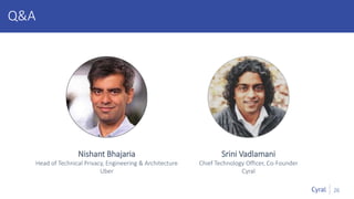 26
Q&A
Nishant Bhajaria
Head of Technical Privacy, Engineering & Architecture
Uber
Srini Vadlamani
Chief Technology Officer, Co-Founder
Cyral
 