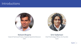 4
Introductions
Nishant Bhajaria
Head of Technical Privacy, Engineering & Architecture
Uber
Srini Vadlamani
Chief Technology Officer, Co-Founder
Cyral
 