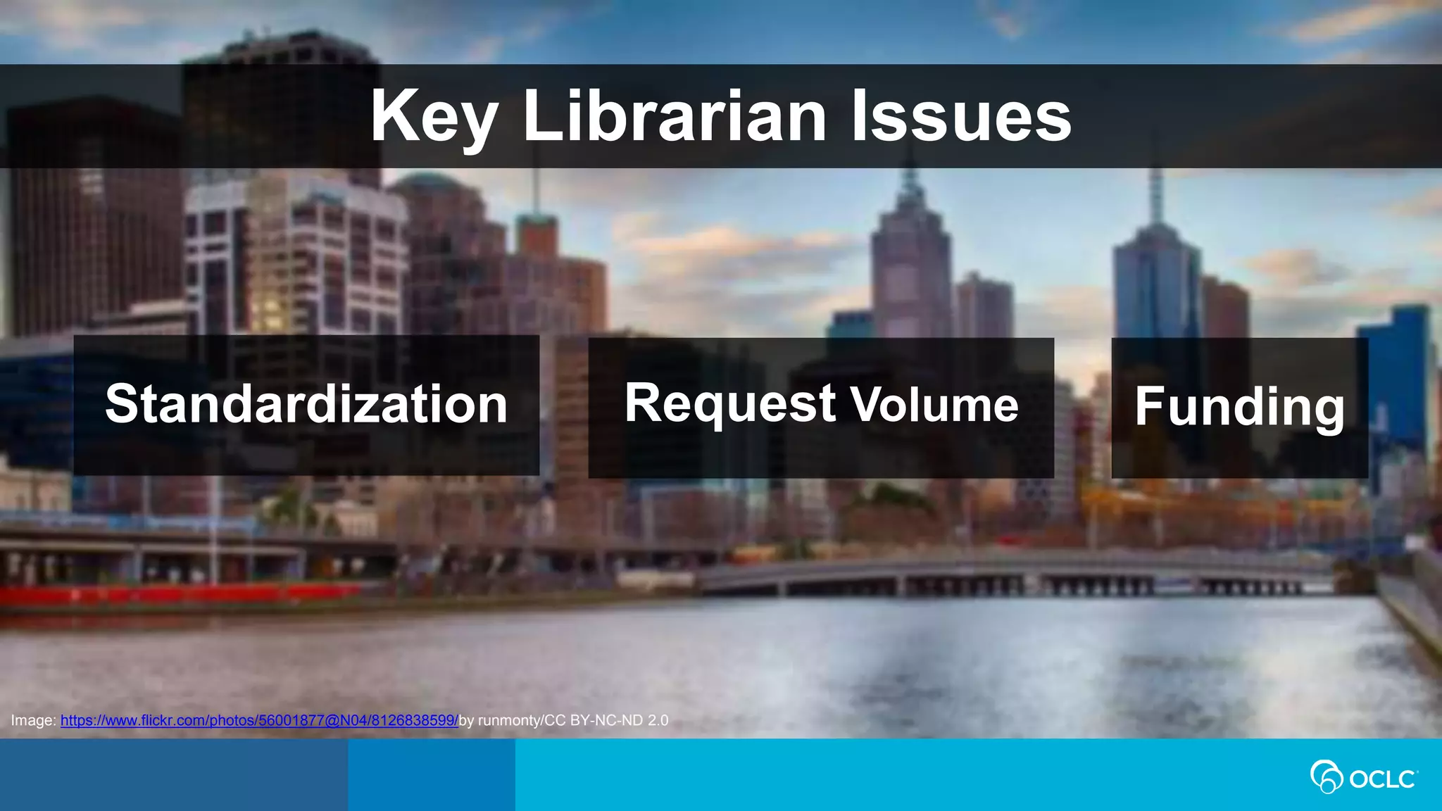 Key Librarian Issues
Standardization
Image: https://www.flickr.com/photos/56001877@N04/8126838599/by runmonty/CC BY-NC-ND 2.0
FundingRequest Volume
 