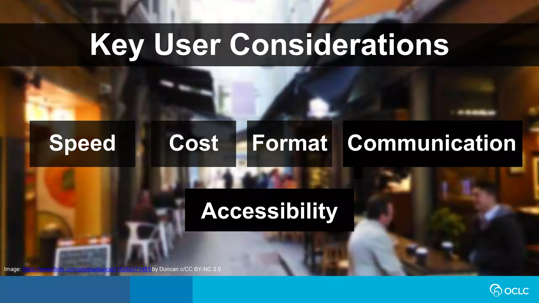 Key User Considerations
Image: https://www.flickr.com/photos/duncan/15262071481/by Duncan c/CC BY-NC 2.0
Speed Cost Format
Accessibility
Communication
 