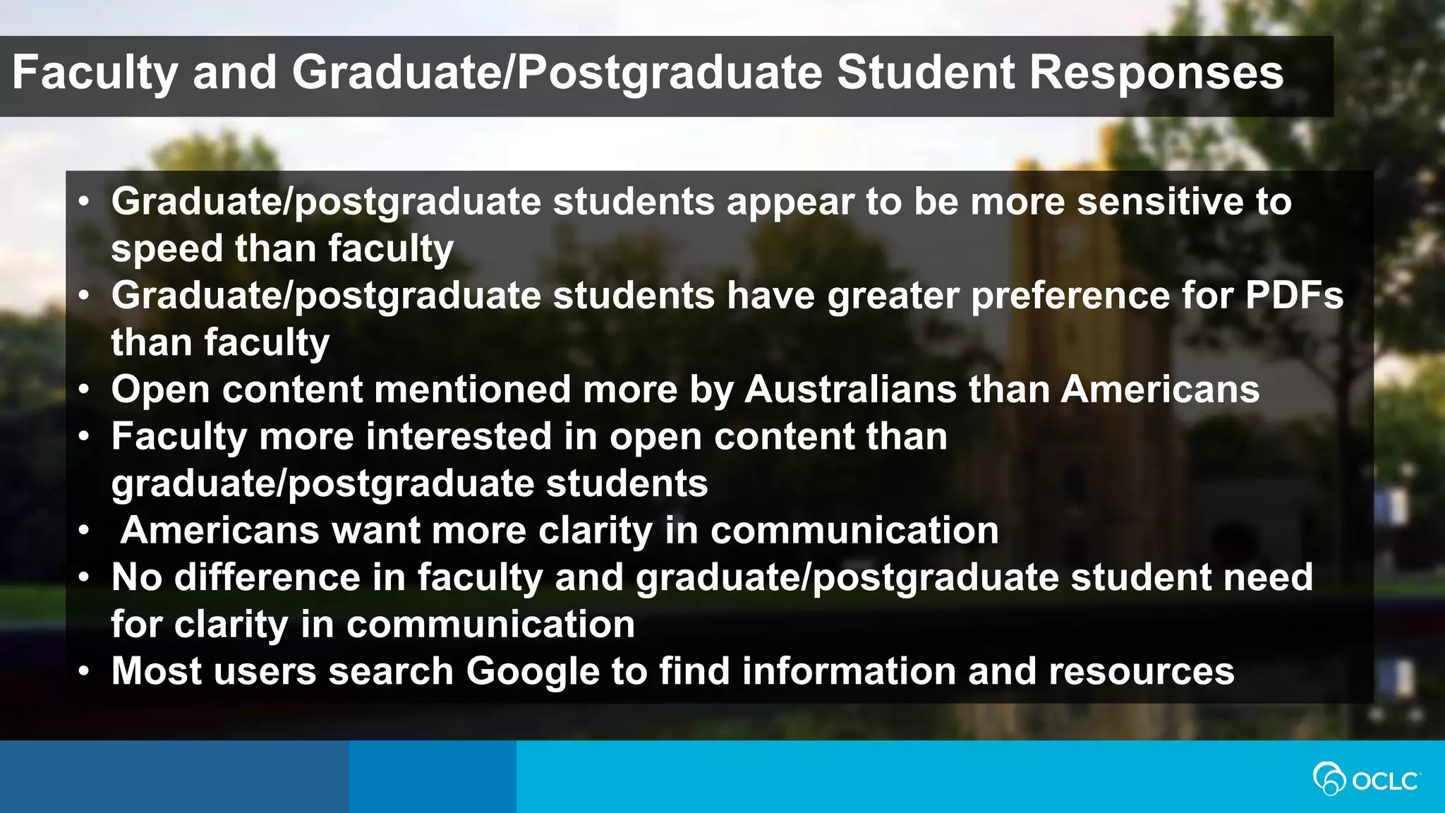 Faculty and Graduate/Postgraduate Student Responses
• Graduate/postgraduate students appear to be more sensitive to
speed than faculty
• Graduate/postgraduate students have greater preference for PDFs
than faculty
• Open content mentioned more by Australians than Americans
• Faculty more interested in open content than
graduate/postgraduate students
• Americans want more clarity in communication
• No difference in faculty and graduate/postgraduate student need
for clarity in communication
• Most users search Google to find information and resources
 