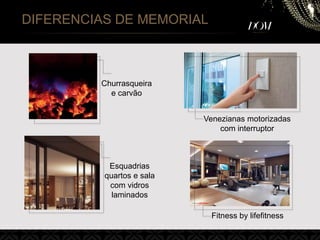 DIFERENCIAS DE MEMORIAL
Venezianas motorizadas
com interruptor
Churrasqueira
e carvão
Esquadrias
quartos e sala
com vidros
laminados
Fitness by lifefitness
 