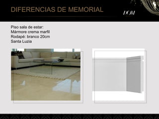 DIFERENCIAS DE MEMORIAL
Piso sala de estar:
Mármore crema marfil
Rodapé: branco 20cm
Santa Luzia
 
