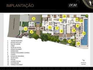 IMPLANTAÇÃO
1. ACESSO PEDESTRES
2. ACESSO VEÍCULOS
3. SALA DE ESPERA
4. LOBBY
5. SALÃO DE FESTAS
6. ESPAÇO GOURMET
7. ESPAÇO KIDS
8. ESPAÇO TEEN (GAMES LOUNGE)
9. FITNESS
10. ESPAÇO DE DESCANSO
11. SAUNA SECA
12. PISCINA
13. LOUNGE PISCINA
14. PLAYGROUND
15. TERRAÇO GOURMET
5
11
7
13
6
4
14
12
15
9
8
10
3
2
1
IMPLANTAÇÃO
 