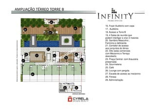 16. Foyer Auditório com copa
17. Auditório
18. Acesso a Torre B
19. 4 Salas de reunião que
podem interligar e virar 2 maiores
20. Sanitário Masculino ,
Feminino e deficiente
21. Corredor de acesso
aos conjuntos do térreo
22. Oito salas comerciais
com Mezanino e Terraço
descoberto
AMPLIAÇÃO TÉRREO TORRE B
24
25
23
17
16
18
21
26
20
Materialprovisóriosujeitoaalteração.Produtoemdesenvolvimento
descoberto
23. Praça Central com Araucária
preservada
24. Gourmeteria
25. Café
26. Lounge com pergola
27. Escada de acesso ao mezanino
28. Fitness
29. Administração
17
19
16
28 29
18
27
22
20
27
Materialprovisóriosujeitoaalteração.Produtoemdesenvolvimento
 