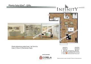 Planta Sala 65m² - Gifts
Planta referente as salas finais 1 da Torre A e
finais 13 Torre C (Pavimentos Tipos)
Material provisório sujeito a alteração. Produto em desenvolvimento
 