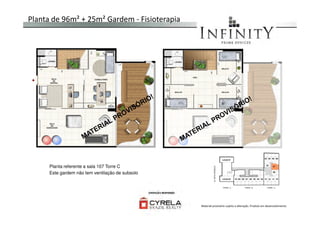 Planta de 96m² + 25m² Gardem - Fisioterapia
Planta referente a sala 107 Torre C
Este gardem não tem ventilação de subsolo
Material provisório sujeito a alteração. Produto em desenvolvimento
 