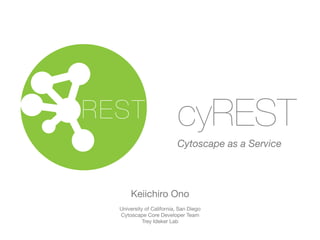 cyREST 
Cytoscape as a Service 
REST 
Keiichiro Ono 
University of California, San Diego 
Cytoscape Core Developer Team 
Trey Ideker Lab 
 