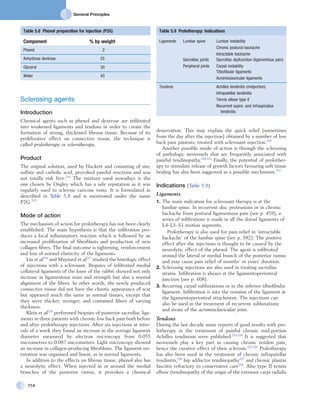 General Principles
114
denervation. This may explain the quick relief (sometimes
from the day after the injection) obtained by a number of low
back pain patients, treated with sclerosant injection.219
Another possible mode of action is through the sclerosing
of pathologic neovessels that are frequently associated with
painful tendinopathy.220,221
Finally, the potential of prolother-
apy to stimulate release of growth factors favouring soft tissue
healing has also been suggested as a possible mechanism.222
Indications (Table 5.9)
Ligaments
1.	The main indication for sclerosant therapy is at the
lumbar spine. In recurrent disc protrusions or in chronic
backache from postural ligamentous pain (see p. 459), a
series of infiltrations is made in all the dorsal ligaments of
L4–L5–S1 motion segments.
Prolotherapy is also used for pain relief in ‘intractable
backache’ of the lumbar spine (see p. 582). The positive
effect after the injections is thought to be caused by the
neurolytic effect of the phenol. The agent is infiltrated
around the lateral or medial branch of the posterior ramus
and may cause pain relief of months’ or years’ duration.
2.	Sclerosing injections are also used in treating sacroiliac
strains. Infiltration is always at the ligamentoperiosteal
junction (see p. 608).
3.	Recurring carpal subluxations or in the inferior tibiofibular
ligament. Infiltration is into the remains of the ligament at
the ligamentoperiosteal attachment. The injections can
also be used in the treatment of recurrent subluxations
and strain of the acromioclavicular joint.
Tendons
During the last decade some reports of good results with pro-
lotherapy in the treatment of painful chronic mid-portion
Achilles tendinosis were published.223,224
It is suggested that
neovessels play a key part in causing chronic tendon pain,
hence the curative effect of their sclerosis.225,226
Prolotherapy
has also been used in the treatment of chronic infrapatellar
tendinitis,220
hip adductor tendinopathy227
and chronic plantar
fasciitis refractory to conservative care228
. Also type II tennis
elbow (tendinopathy of the origin of the extensor carpi radialis
Table 5.8  Phenol preparation for injection (P2G)
Component % by weight
Phenol 2
Anhydrous dextrose 25
Glycerol 30
Water 43
Sclerosing agents
Introduction
Chemical agents such as phenol and dextrose are infiltrated
into weakened ligaments and tendons in order to create the
formation of strong, thickened fibrous tissue. Because of its
proliferative effect on connective tissue, the technique is
called prolotherapy or sclerotherapy.
Product
The original solution, used by Hackett and consisting of zinc
sulfate and carbolic acid, provoked painful reactions and was
not totally risk free.214
The mixture used nowadays is the
one chosen by Ongley which has a safe reputation as it was
regularly used to sclerose varicose veins. It is formulated as
described in Table 5.8 and is mentioned under the name
P2G.215
Mode of action
The mechanism of action for prolotherapy has not been clearly
established. The main hypothesis is that the infiltration pro-
duces a local inflammatory reaction which is followed by an
increased proliferation of fibroblasts and production of new
collagen fibres. The final outcome is tightening, reinforcement
and loss of normal elasticity of the ligaments.
Liu et al216
and Maynard et al217
studied the histologic effect
of injections with a sclerosant. Biopsies of infiltrated medial
collateral ligaments of the knee of the rabbit showed not only
increase in ligamentous mass and strength but also a normal
alignment of the fibres. In other words, the newly produced
connective tissue did not have the chaotic appearance of scar
but appeared much the same as normal tissues, except that
they were thicker, stronger, and contained fibres of varying
thickness.
Klein et al218
performed biopsies of posterior sacroiliac liga-
ments in three patients with chronic low back pain both before
and after prolotherapy injections. After six injections at inter-
vals of a week they found an increase in the average ligament
diameter measured by electron microscopy from 0.055
micrometres to 0.087 micrometres. Light microscopy showed
an increase in collagen-producing fibroblasts. The ligament ori-
entation was organized and linear, as in normal ligaments.
In addition to the effects on fibrous tissue, phenol also has
a neurolytic effect. When injected in or around the medial
branches of the posterior ramus, it provokes a chemical
Table 5.9  Prolotherapy: Indications
Ligaments Lumbar spine Lumbar instability
Chronic postural backache
Intractable backache
Sacroiliac joints
Peripheral joints
Sacroiliac dysfunction (ligamentous pain)
Carpal instability
Tibiofibular ligaments
Acromioclavicular ligaments
Tendons Achilles tendinitis (midportion)
Infrapatellar tendinitis
Tennis elbow type II
Recurrent supra- and infraspinatus
tendinitis
 
