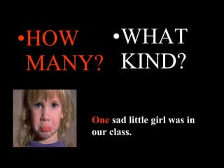 •HOW
MANY?
•WHAT
KIND?
One sad little girl was in
our class.
One sad little girl was in
our class.
 