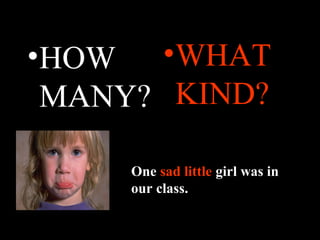 •HOW
MANY?
•WHAT
KIND?
One sad little girl was in
our class.
One sad little girl was in
our class.
 