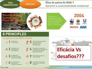 © 2014 Todos os direitos reservados.
Óleo de palma & OMD 7
Garantir a sustentabilidade ambiental
ONGs
AMBIENTALISTAS EMPRESAS
Eficácia Vs
desafios???
 