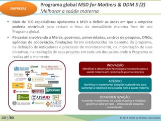 © 2014 Todos os direitos reservados.
• Mais de 300 especialistas ajudarama a MSD a definir as áreas em que a empresa
poderia contribuir para reduzir o ônus da mortalidade materna foco de seu
Programa global.
• Parcerias envolvendo a Merck, governos, universidades, centros de pesquisa, ONGs,
agências de cooperação, fundações foram estabelecidas no desenho do programa,
na definição de indicadores e processos de monitoramento, na implantação de suas
iniciativas, na realização de seus projetos em cada um dos países onde o Programa se
realiza até o momento.
INOVAÇÃO
Identificar e desenvolver tecnologias inovadoras para a
saúde materna em cenários de poucos recursos
CONSCIENTIZAÇÃO
Aumentar investimento em saúde materna e mobilizar –
governo e setor privado – em busca de soluções
sustentáveis
ACESSO
Identificar e implementar soluções sustentáveis para
aumentar a cobertura de cuidados com a saúde materna
Programa global MSD for Mothers & ODM 5 (2)
Melhorar a saúde materna
EMPRESAS
 